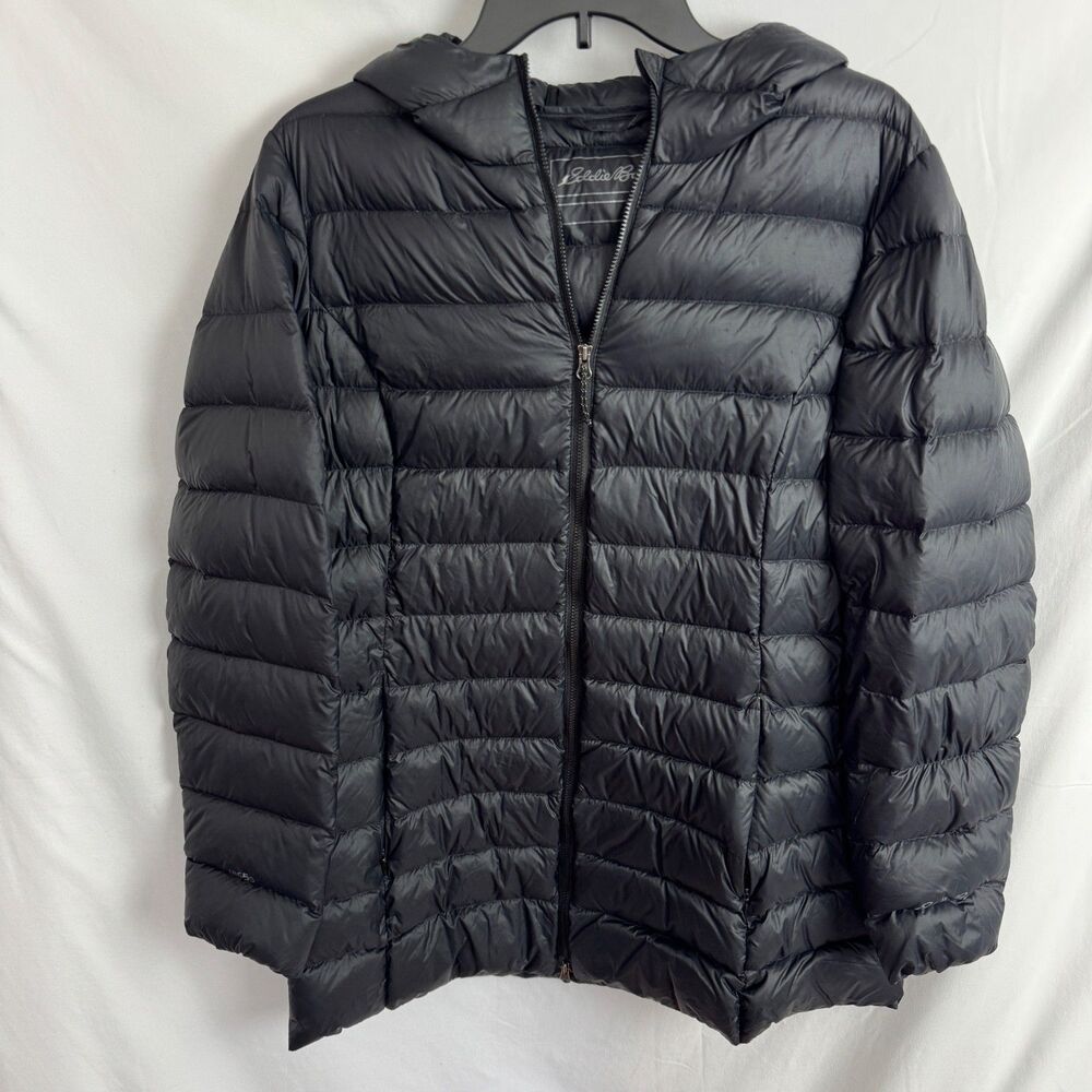 Eddie Bauer EB650 Women's Down Filled Coat Jacket Size Large Black Hooded *Flaw